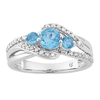 10k White Gold Swiss Blue Topaz & Diamond Accent 3-Stone Ring