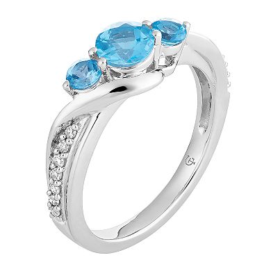 LOVEABLES 10k White Gold Swiss Blue Topaz & 1/10 Carat T.W. Diamond 3-Stone Ring