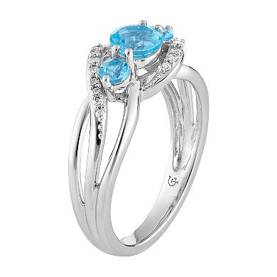 LOVEABLES 10k White Gold Swiss Blue Topaz & 1/5 Carat T.W. Diamond 3-Stone Ring