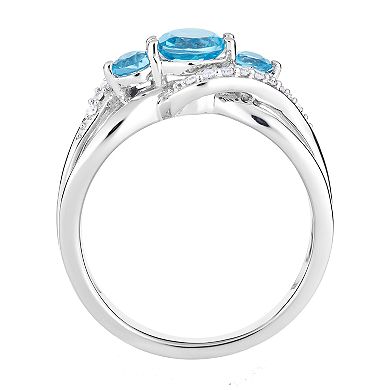 LOVEABLES 10k White Gold Swiss Blue Topaz & 1/5 Carat T.W. Diamond 3-Stone Ring