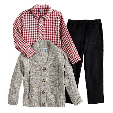 Toddler Boy Little Lad Cardigan, Plaid Shirt & Pants Set
