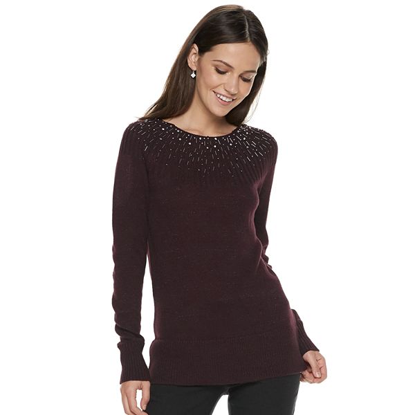 WOMEN'S APT 9 EMBELLISHED YOKE LONG SLEEVE CREWNECK SWEATER 