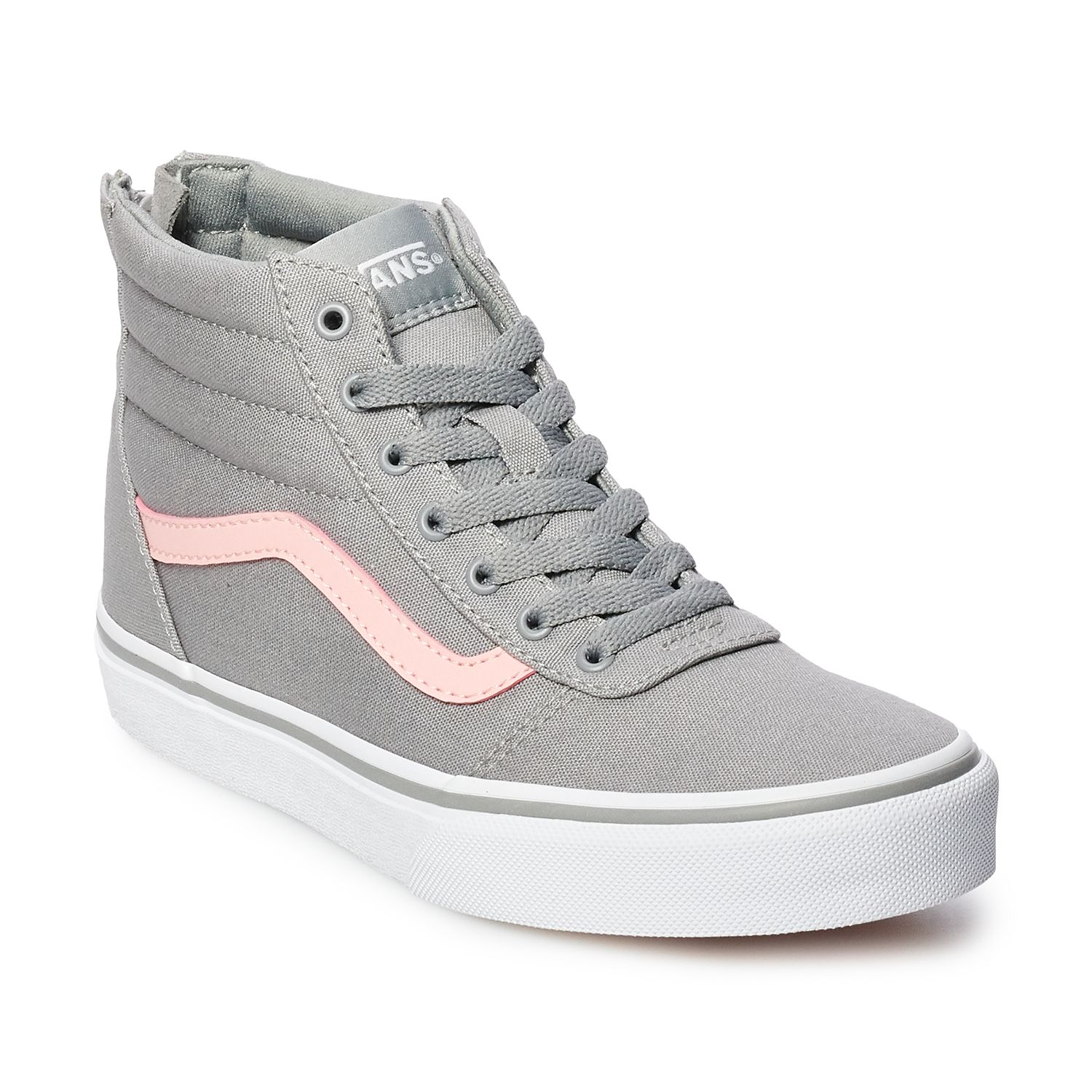 gray and pink high top vans