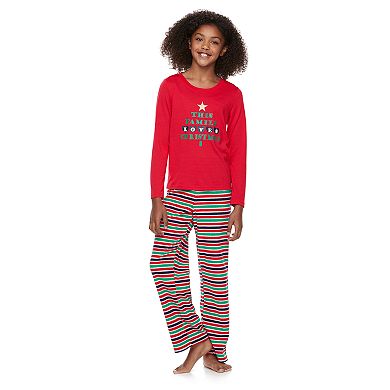 Girls 7-16 Jammies For Your Families "This Family Loves Christmas" Top & Microfleece Striped Bottoms Pajama Set