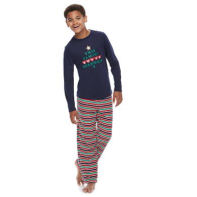 Boys 4-20 Jammies For Your Families "This Family Loves Christmas" Top & Microfleece Striped Bottoms Pajama Set