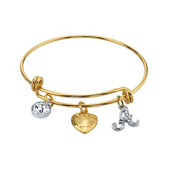 1928 Two Tone Crystal, Heart & Initial Charm Bangle Bracelet