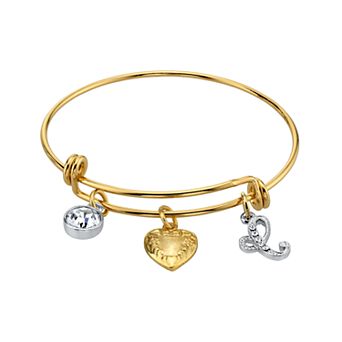 1928 Two Tone Crystal, Heart & Initial Charm Bangle Bracelet