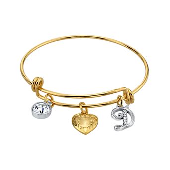 1928 Two Tone Crystal, Heart & Initial Charm Bangle Bracelet