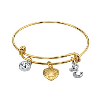 1928 Two Tone Crystal, Heart & Initial Charm Bangle Bracelet