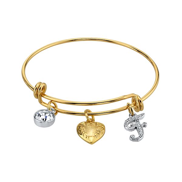 1928 Two Tone Crystal Heart Initial Charm Bangle Bracelet