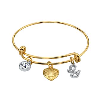 1928 Two Tone Crystal, Heart & Initial Charm Bangle Bracelet