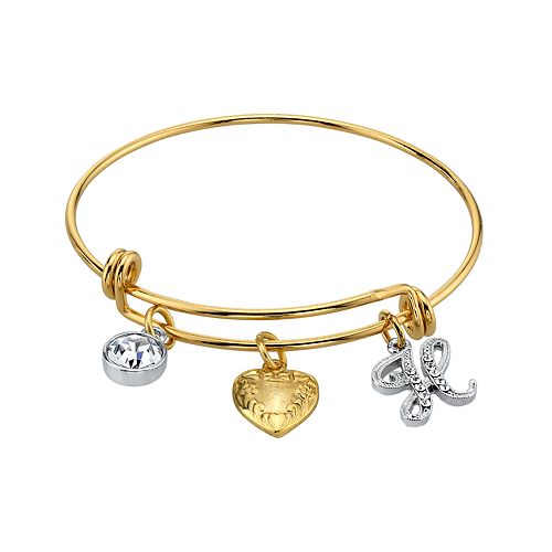 1928 Two Tone Crystal, Heart & Initial Charm Bangle Bracelet