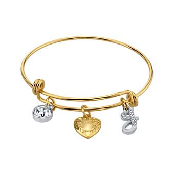 1928 Two Tone Crystal, Heart & Initial Charm Bangle Bracelet