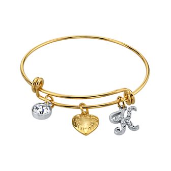 1928 Two Tone Crystal, Heart & Initial Charm Bangle Bracelet