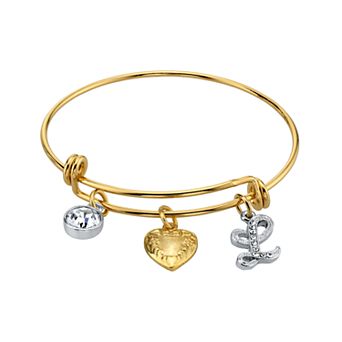 1928 Two Tone Crystal, Heart & Initial Charm Bangle Bracelet