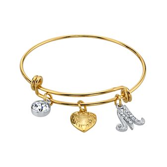 1928 Two Tone Crystal, Heart & Initial Charm Bangle Bracelet