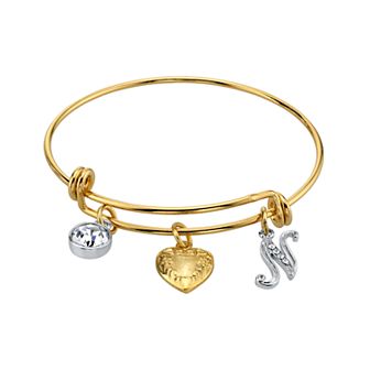 1928 Two Tone Crystal, Heart & Initial Charm Bangle Bracelet