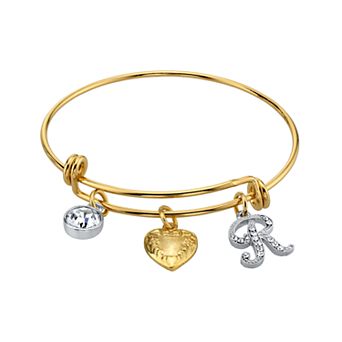 1928 Two Tone Crystal, Heart & Initial Charm Bangle Bracelet