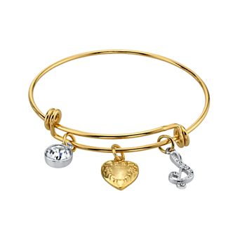 1928 Two Tone Crystal, Heart & Initial Charm Bangle Bracelet