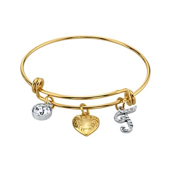 1928 Two Tone Crystal, Heart & Initial Charm Bangle Bracelet