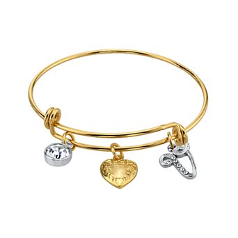 1928 Two Tone Crystal, Heart & Initial Charm Bangle Bracelet