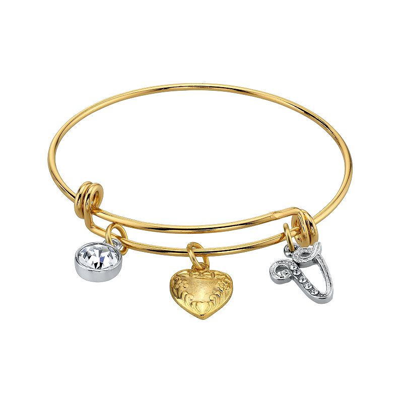 1928 Two Tone Crystal, Heart & Initial Charm Bangle Bracelet, Womens, Whit