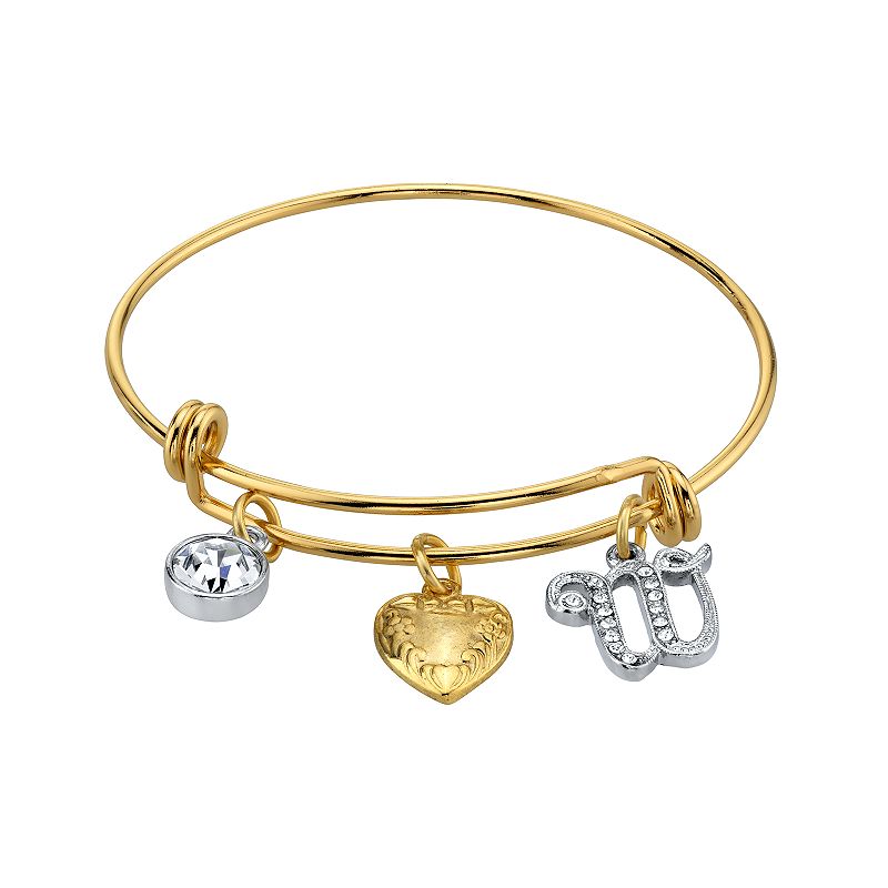 1928 Two Tone Crystal, Heart & Initial Charm Bangle Bracelet, Womens, Whit
