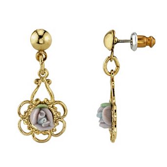 1928 Purple Porcelain Rose Drop Earrings