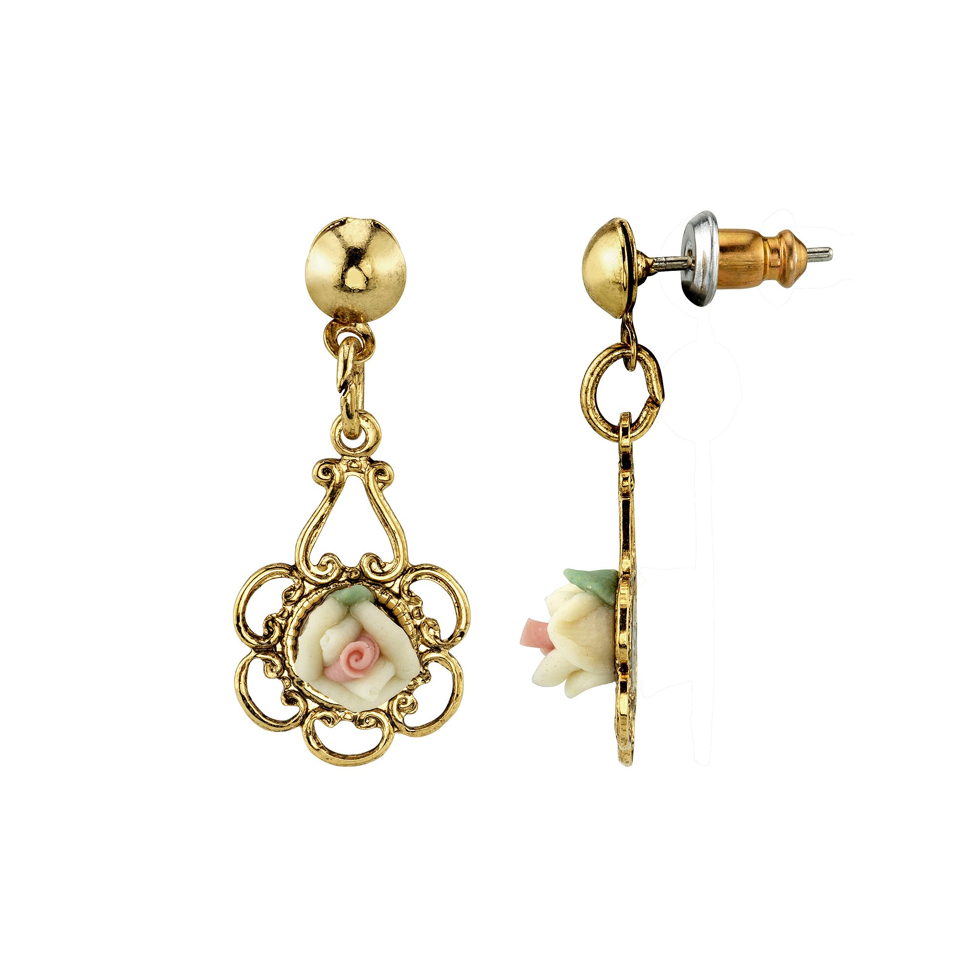 1928 Gold Tone Porcelain Rose Drop Earrings, Womens, White
