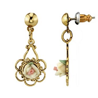 1928 Gold Tone Porcelain Rose Drop Earrings