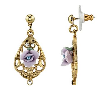 1928 Porcelain Rose & Simulated Crystal Drop Earrings