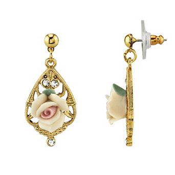 1928 Porcelain Rose & Simulated Crystal Drop Earrings