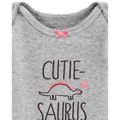 Baby Girl Carter's "Cutie-Saurus" Dinosaur Bodysuit, Ruffled Cardigan & Striped Pants Set