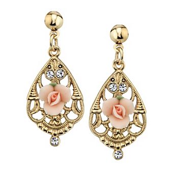 1928 Pink Porcelain Rose & Simulated Crystal Drop Earrings