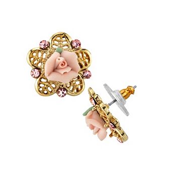 1928 Pink Porcelain Rose & Simulated Crystal Stud Earrings