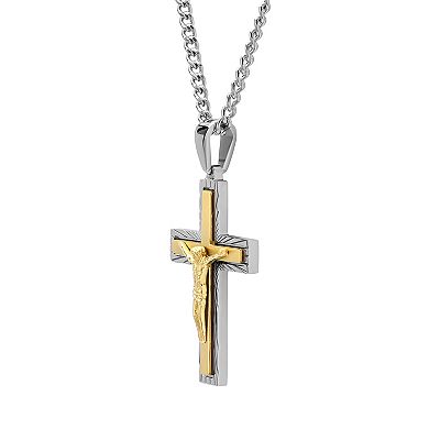 Two Tone Stainless Steel Crucifix Pendant Necklace