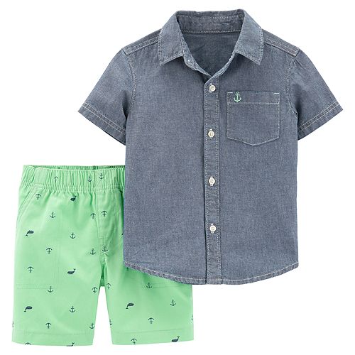 Toddler Boy Carter's Chambray Button Down Shirt & Patterned Shorts Set