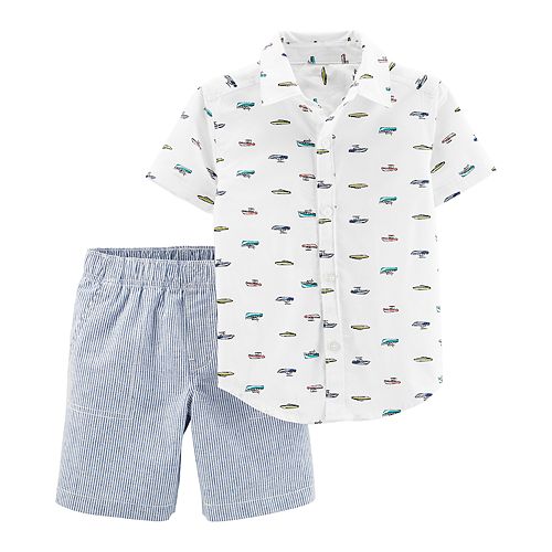 Toddler Boy Carter's Patterned Button Down Shirt & Striped Shorts Set