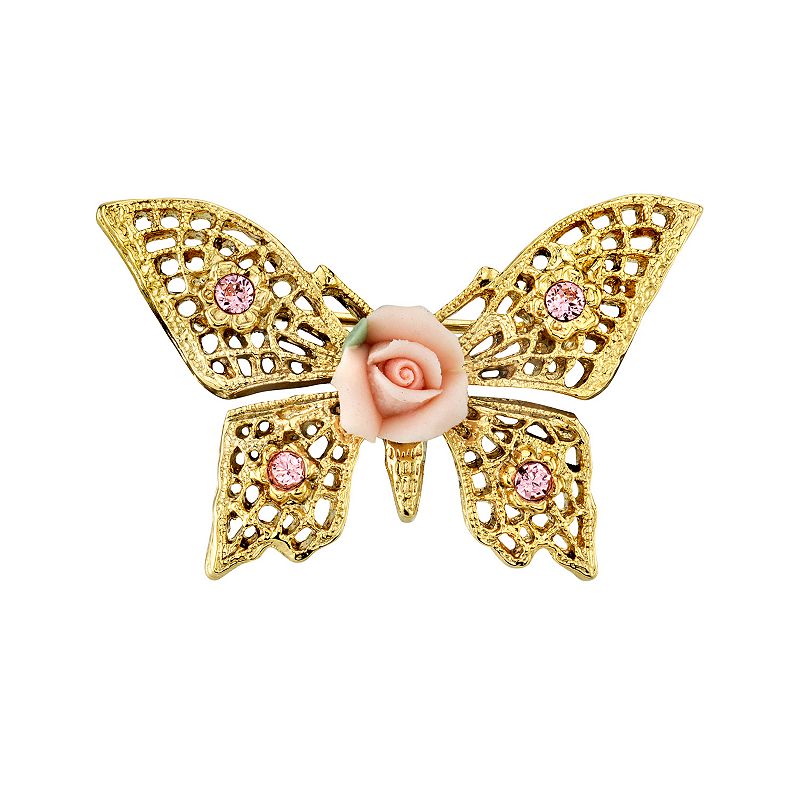 1928 Porcelain Rose Butterfly Pin, Womens, Pink