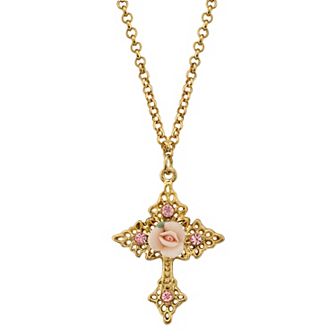 1928 Porcelain Rose Cross Pendant Necklace