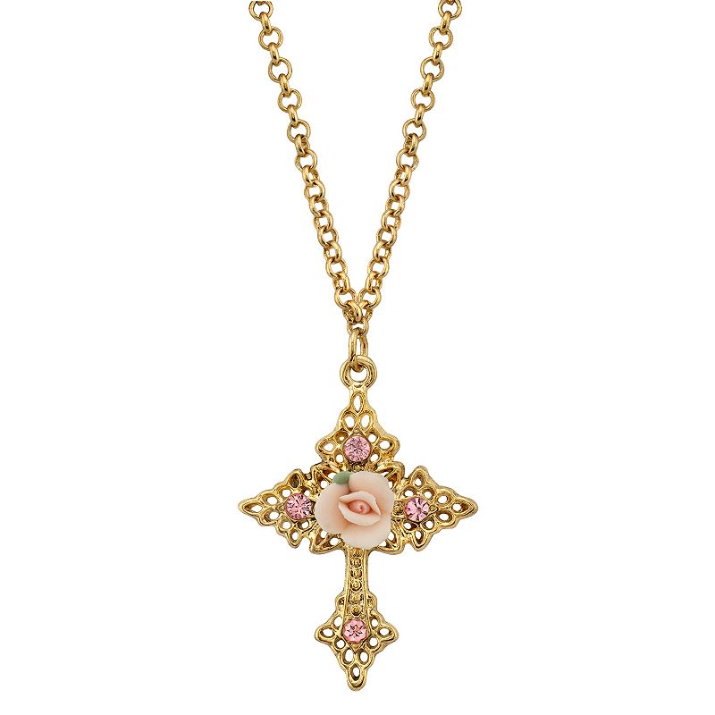 1928 Porcelain Rose Cross Pendant Necklace, Womens, Size: 18, Pink