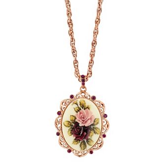 1928 Flower & Simulated Crystal Oval Pendant Necklace
