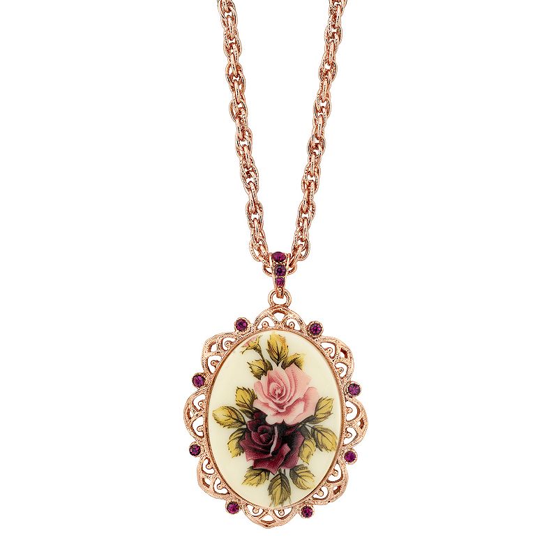 1928 Flower & Simulated Crystal Oval Pendant Necklace, Womens, Purple