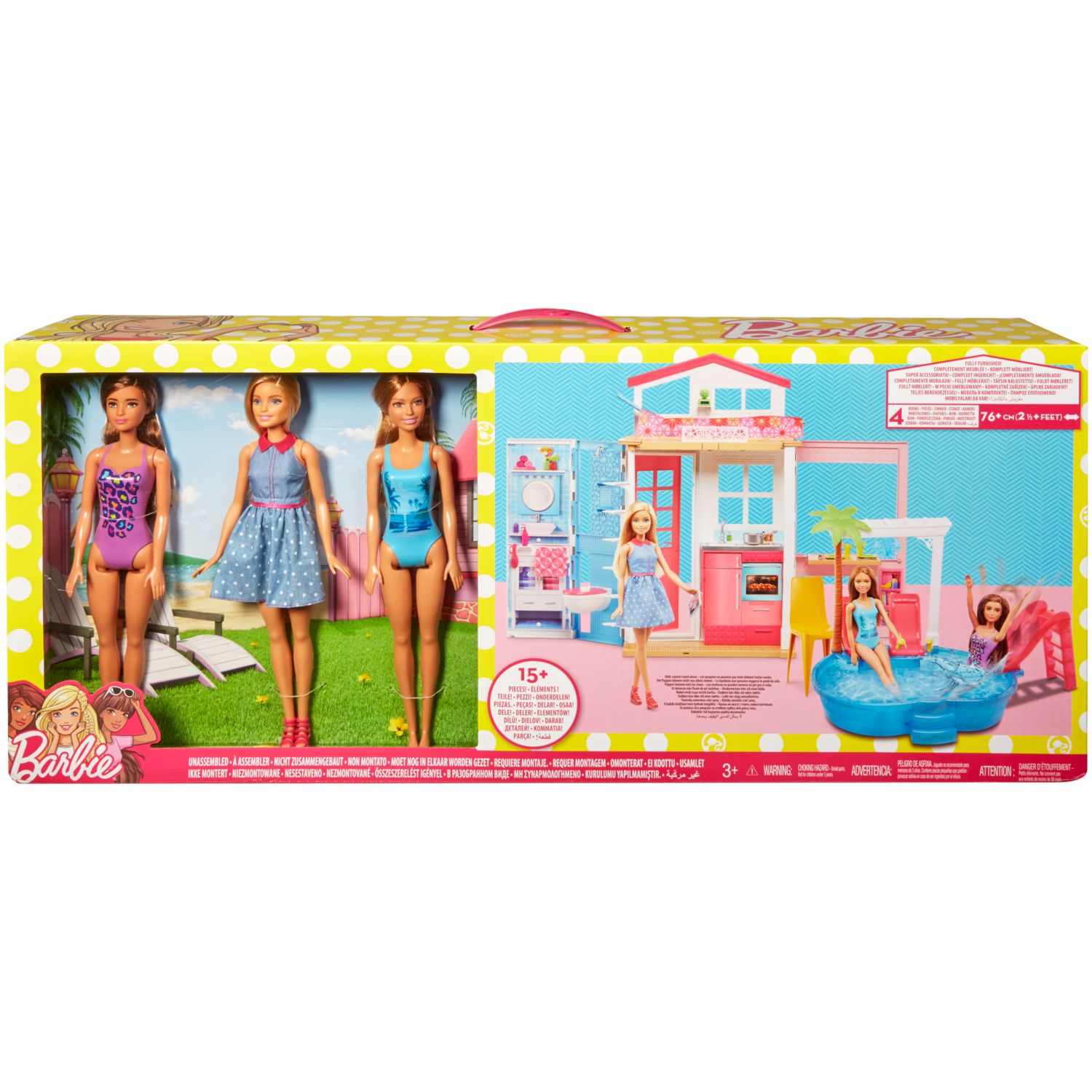 complete barbie house set with 3 dolls and pool