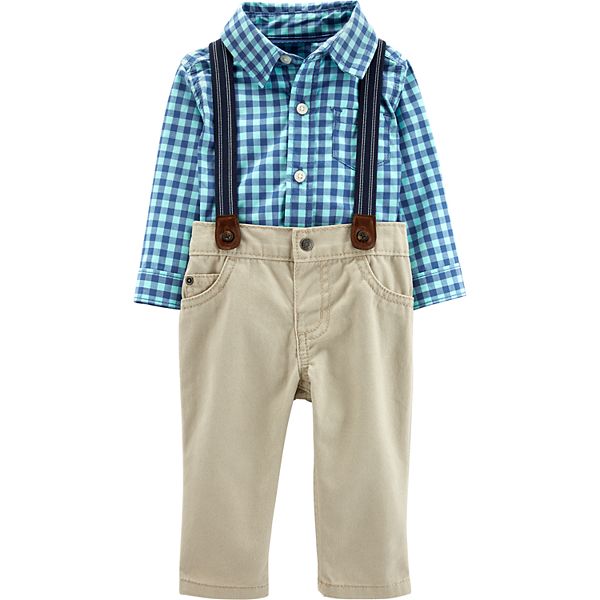 Baby Boy Carter's Plaid Bodysuit, Khaki Pants & Suspenders Set