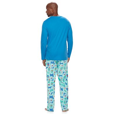 Men's Jammies For Your Families "Santa Paws is Coming to Town" Sleep Top & Microfleece Dog & Cat Pattern Bottoms Pajama Set