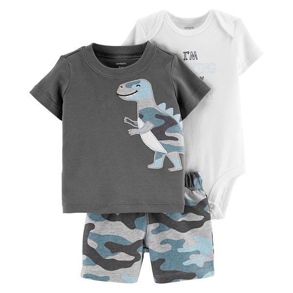 Baby Boy Carter's Graphic Bodysuit, Dinosaur Tee & Camouflage Shorts Set