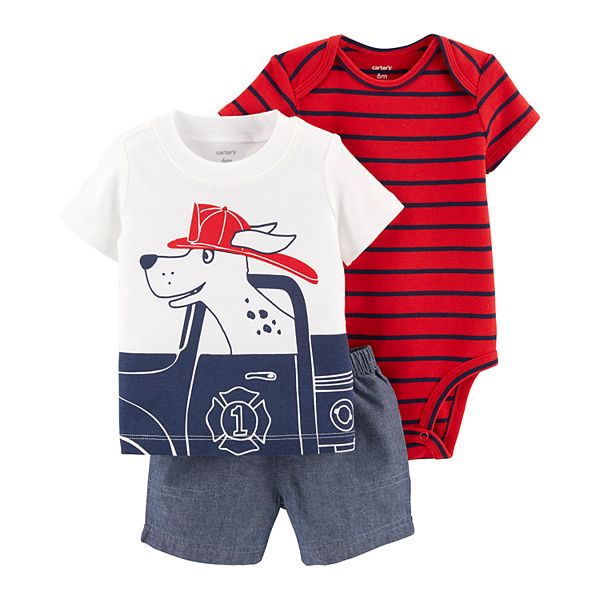 Baby Boy Carter's Fire Truck Dog Tee, Striped Bodysuit & Chambray ...