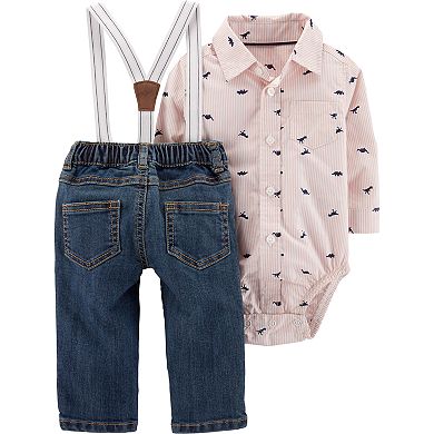 Baby Boy Carter's Dino Button-Down Bodysuit & Suspender Jeans Set