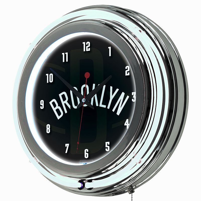 Brooklyn Nets Chrome Double-Ring Neon Wall Clock, Black